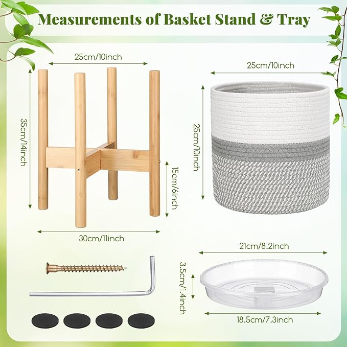 Plant Basket with Stand Indoor Planter Pot Holder Sturdy Jute Rope Modern Woven Basket, Cotton Rope Woven Pot with Bamboo Stand(10 Inch,White and Gray)