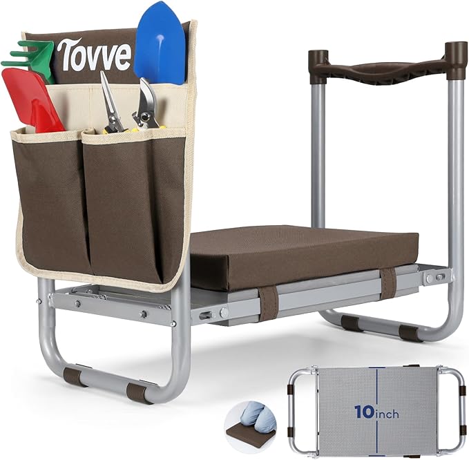 Foldable Garden Kneeler and Seat, Heavy Duty Garden Stool with 10" Wide Detachable Kneeling Pad, Portable Garden Bench Chair with Large Garden Tool Bag, Gardening Gifts for Women, Seniors