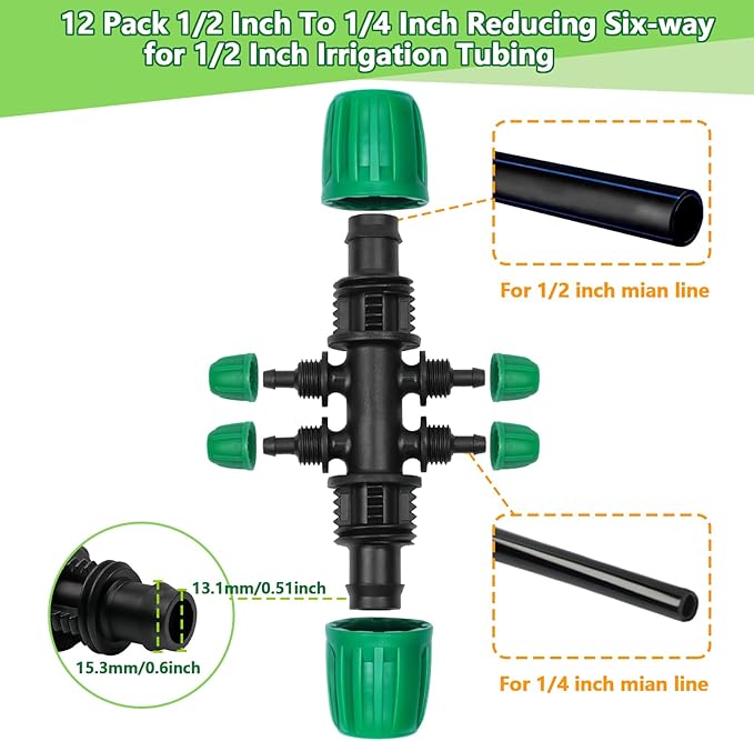 12 Pack 1/2 Inch To 1/4 Inch Drip Irrigation Fittings (1/2" ID x 0.65" OD), Drip Line Irrigation Locked Barbed 1/2" To 1/4" Adapter Anti Leak Irrigation System 1/2 In. To 1/4 In. Reducing Tee