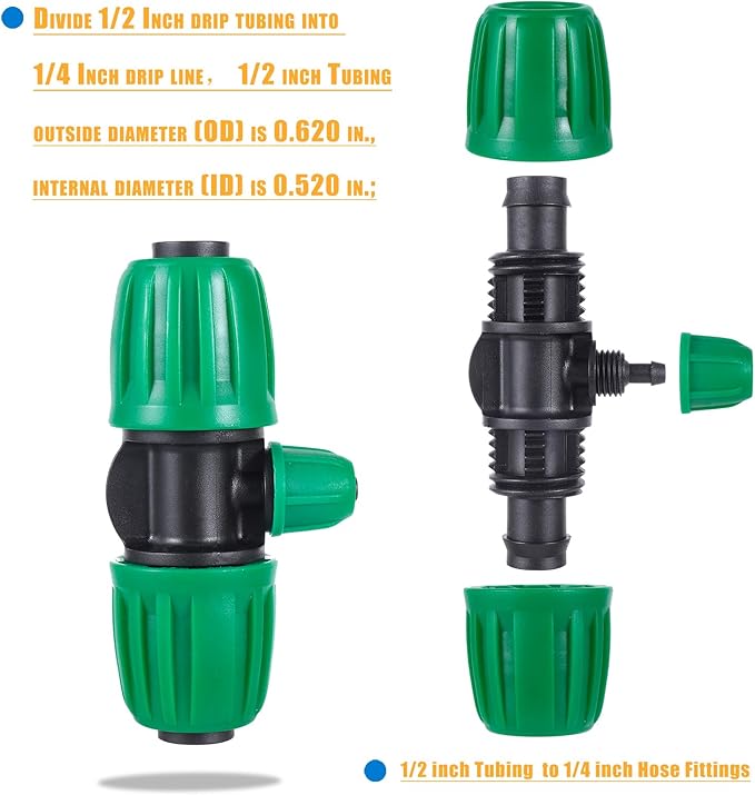 10 Pcs Barbed Tee 1/2 inch Tubing (1/2" ID x0.6-0.63" OD) 16mm to 1/4 inch Irrigation Tube Anti-Drop Quality Fitting (3-Way Lock Buckle Green)