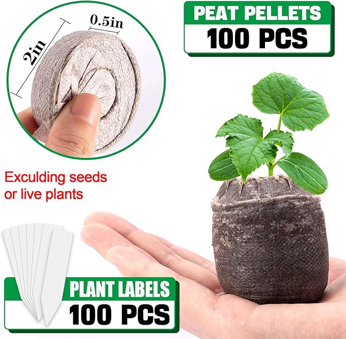 100pcs 50mm Peat Pellet, Plant Starting Plugs, Compressed Garden Soil Block with Labels, Plant Pods Bulk for Seedling Transplanting Herb Flower Vegetables
