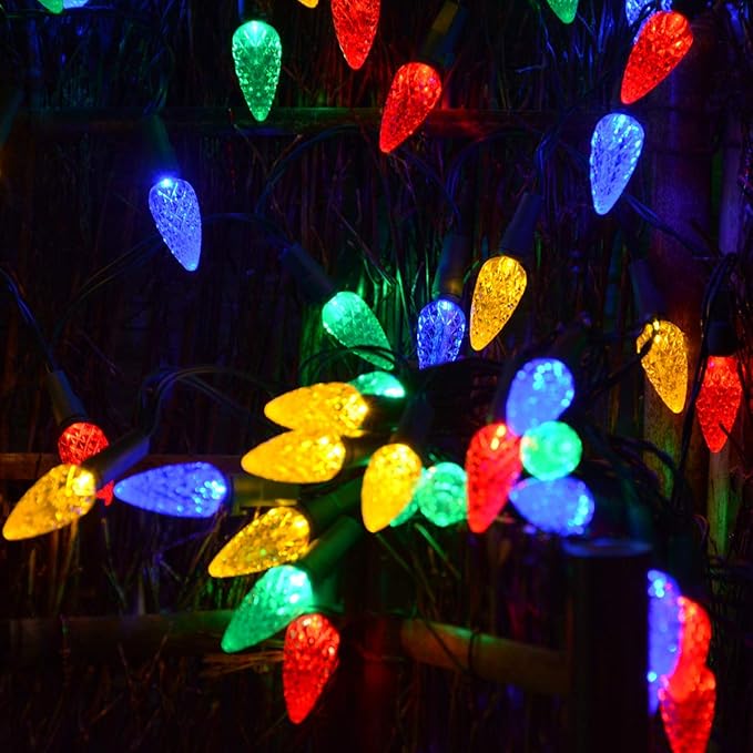 Solar Christmas Lights Outdoor C6 Strawberry String Lights, LED Christmas Fairy Lights 50 LEDs Solar Operated Rechargeable Garden Lights for Christmas Tree, Holiday, Arbor Decor(Multicolor, 8 Modes)