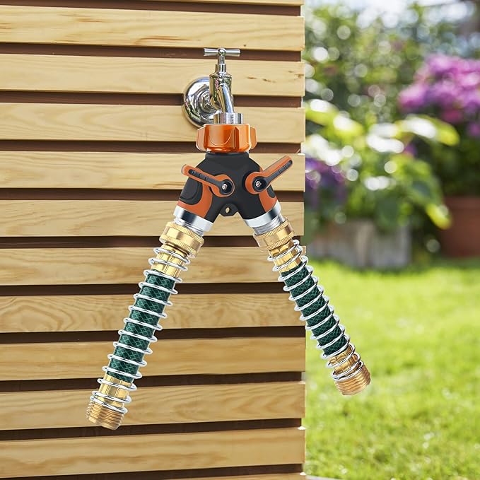 Hose Splitter, Garden Hose Splitter 2 Way Heavy Duty,3/4" Spigot Adapter Connector with 2 Kink Free Faucet Extension Hose Protector 6 Rubber Washers and PTEP Tape for Drip Irrigation, Lawns