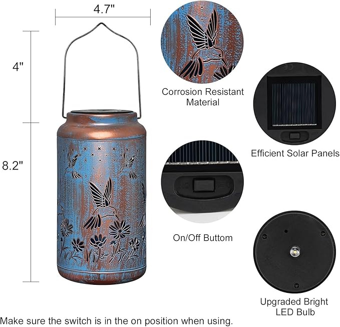 pearlstar Hummingbird Lantern Solar Hanging Lights Outdoor Decorative Solar Lantern Waterproof for Table Patio Yard Garden Lawn Landscape Lighting, Gardening Gifts for Women Men，Hummingbird-Blue