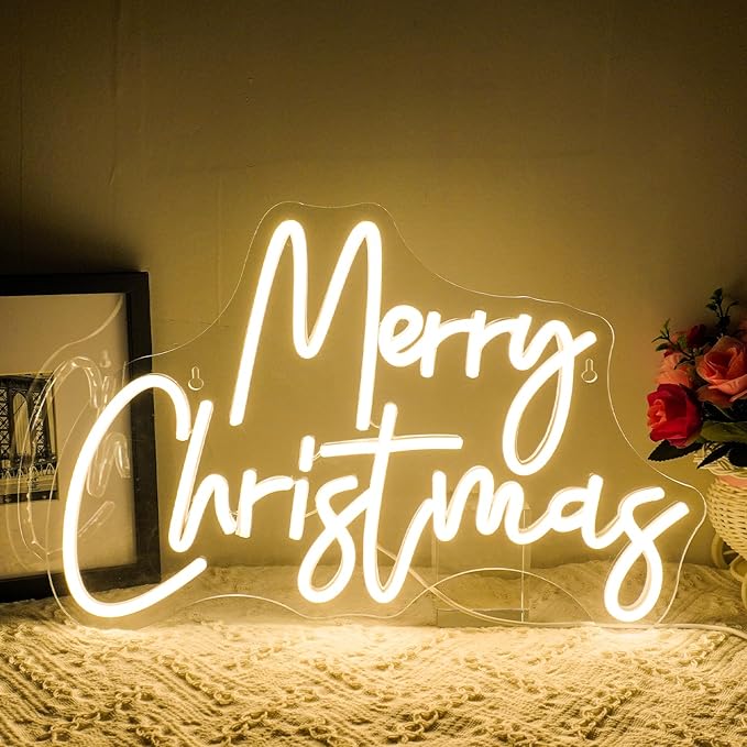 WLHOPE Merry Christmas Neon Sign,Warm White Christmas Neon Signs for Wall Decor,Dimmable Merry Christmas Led Signs for Christmas Party Backdrop Bedroom Window Bar Club Shop,Christmas Gift Decoration