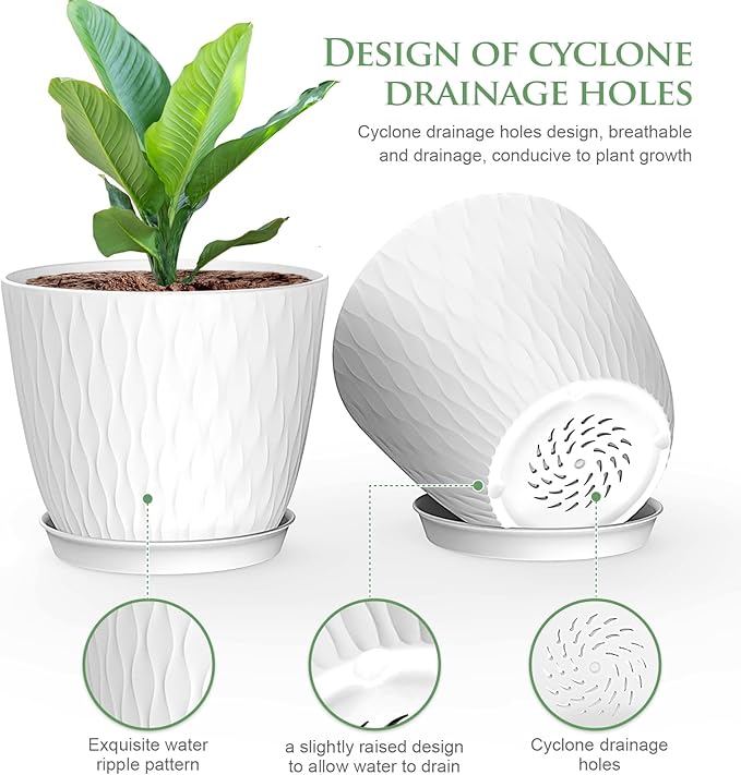 6 inch Flower Pots, 5 Pack Plant Pots with Drainage Holes and Saucers for Indoor Plants, Plastic Planters with Water Ripple for Small Garden House Plants, Nursery Pots for Succulent, White
