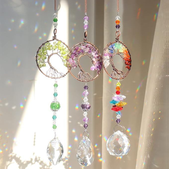 Sun Catcher Crystal Hanging Tree of Life SunCatchers Healing Crystals for Indoor Window, Home Decor, Car Charms Pack of 3