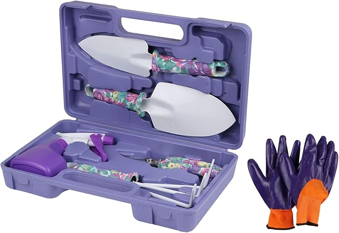 Garden Tools Set for Women, BENBO 7 Pieces Garden Hand Tools with Carrying Case, Ergonomic Non Slip Handle Pruning Shear Rake Shovels Spray Bottle and Gloves, Purple Floral Print Gardening Tools Gifts