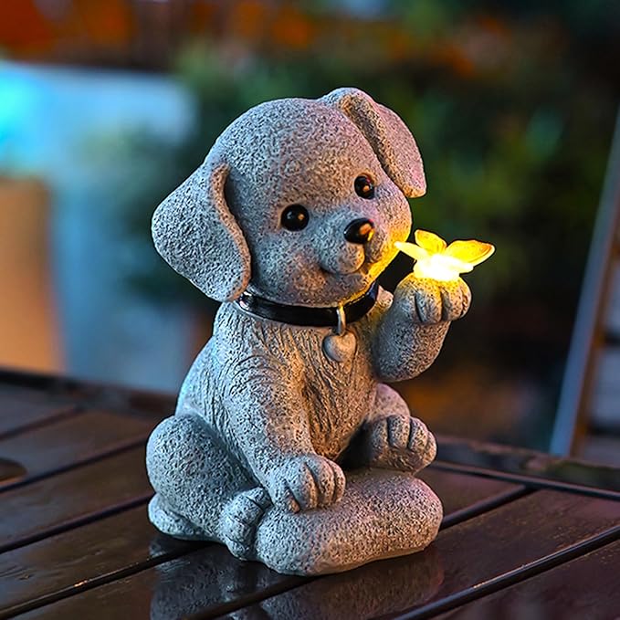 Solar Dog Outdoor Statues Garden Decor with Butterfly LED Lights Dog Statues for Patio Balcony Yard Lawn Ornament, Birthday Mother Day Gardening Gifts for Mom Grandma Women