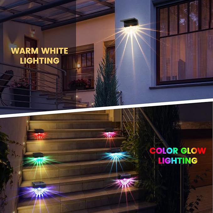 Solar Deck Lights Outdoor - 8 Pack Solar Step Light Waterproof Solar Fence Lights for Patio Stairs Post Pathway Porch Driveway Garden Decor, Warm White/LED Color Glow