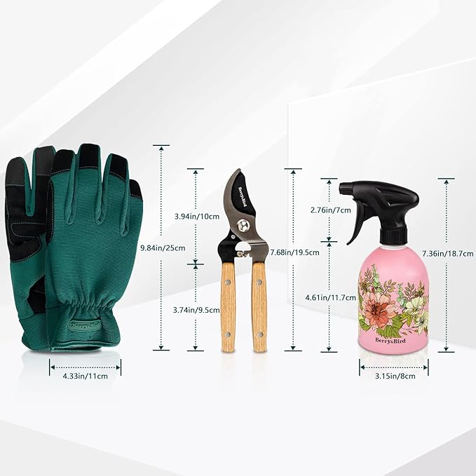 Berry&Bird Garden Tool Set, 3 PCS Gardening Tool Kit Includes Rose Pruning Thorn Proof Gloves, Pruning Shears with Wooden Handle and 17 Oz Pink Spray Bottle for Planting & Pruning Roses, Bonsai