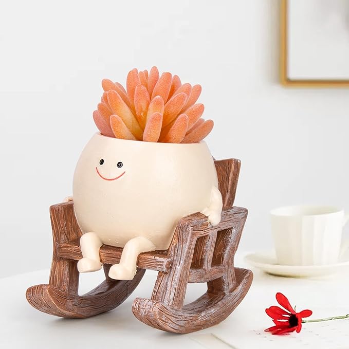 Smiley Face Planter Pot, Cute Resin Smile Face Flower Head Plant Pot, Creative Flower Pot for Indoor Outdoor Plants, Funny Home Decoration (Rocking Chair)