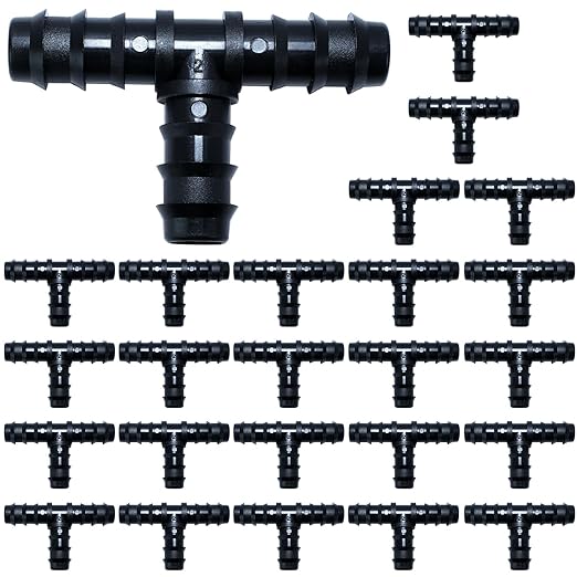 25PCS Drip Irrigation Barbed Tee Fitting Kits for 1/2 Inch Tubing 16MM OD .600" ID Barbed Tee Connectors Drip Line Connector Drip Hose Connector Drip Irrigation Sprinkler System for Garden Yard
