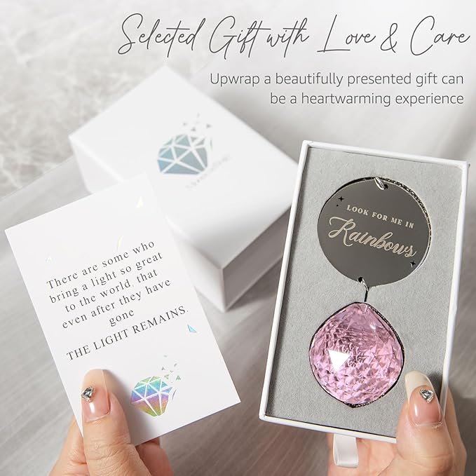 Memorial Gifts for Loss of Loved One, Unique Sympathy Idea, Pink Crystal Ball Grief Suncatcher, Rainbow Bereavement Box for Mom Dad Husband Son Daughter