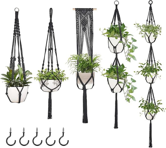 Mkono Macrame Plant Hangers, 5 Pack Different Tiers Indoor Hanging Planters Basket with 5 Hooks Decorative Flower Pots Holder Stand Boho Home Decor, Black