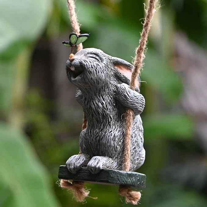 OwMell Garden Rabbit Statues, Cute Swing Bunny with Butterfly Statue Decoration for Yard Hanging Outdoor, Tree Ornaments Figurine for Stump Branch Lawn Patio Decor