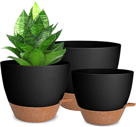 Planters for Indoor Plants 3 Pack, 10/9/8 Inch Self Watering Flower Pots with Drainage Hole, Plastic Large Plant Pots (Black)