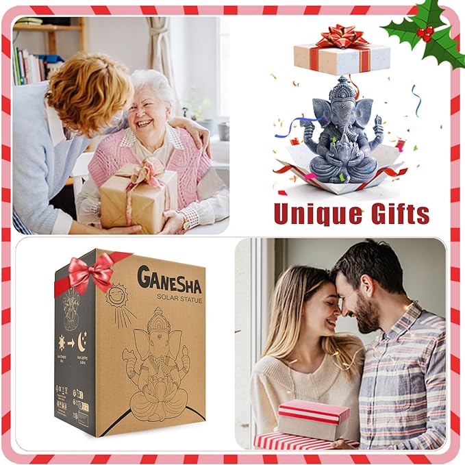 Solar Ganesha Elephant Garden Statues: Outdoor Sculptures with Lotus Lights Decor for Patio Lawn Yard Art - Gifts for Mom Grandma