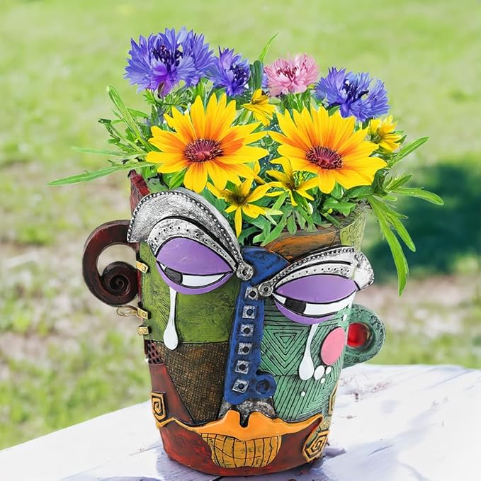 Picasso Brutalist Abstract Beauty Face Flower Pot Ornaments Abstract Face Flower Pots Abstract Head Planter Pots Container Colorful Face Art Abstract Resin Flower Pot (Picasso's tearful flowerpot)