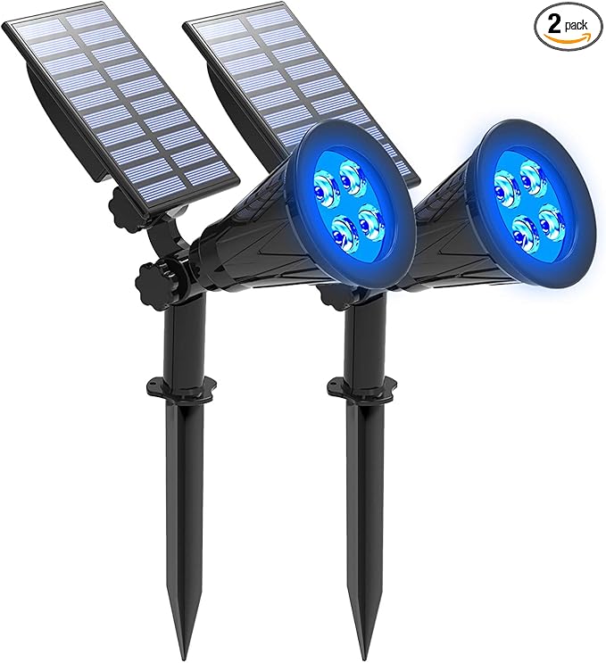 T-SUNUS Blue Solar Lights Outdoor Waterproof IP65, 2 Pack Garden Spotlights, Auto-on/Off Security Landscape Pond Spot Light 2 Modes for Halloween Christmas Tree Patio Garage Yard Driveway Pool Fence