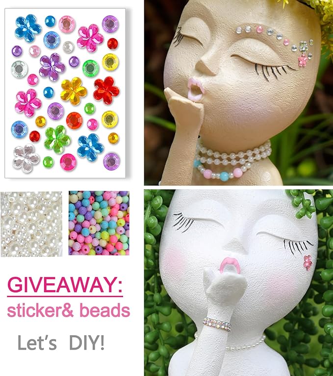 Cute Head Planter Pot/Face Planters for Indoor Plants,with Drainage Hole,Flower Pot Face pots Cute Lady Head Planters Pot for Indoor Outdoor Plants,Cute Resin Succulent Planter (White)