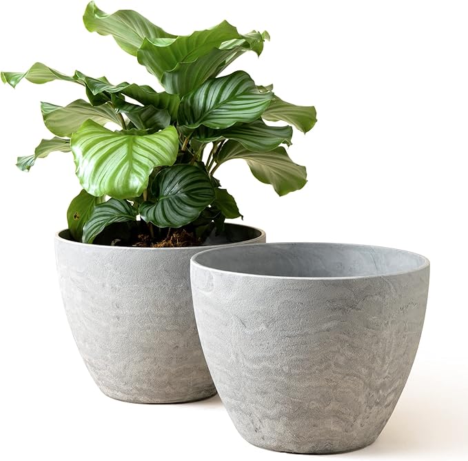 LA JOLIE MUSE Flower Pots Outdoor Garden Planters, Indoor Plant Pots with Drainage Holes, Plastic, Marble Pattern Grey, Set 2 (11.3 + 11.3 Inch)