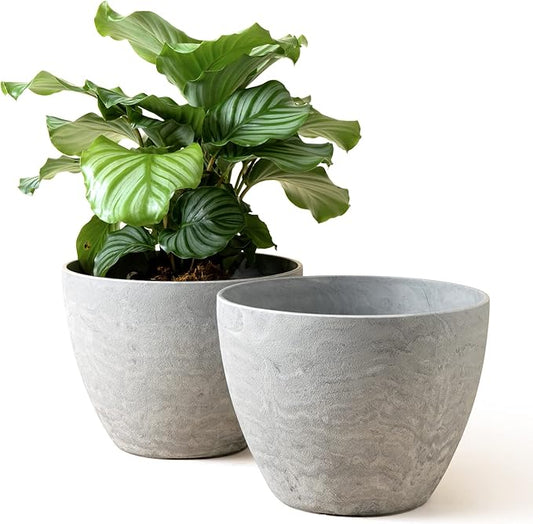 LA JOLIE MUSE Flower Pots Outdoor Garden Planters, Indoor Plant Pots with Drainage Holes, Plastic, Marble Pattern Grey, Set 2 (11.3 + 11.3 Inch)