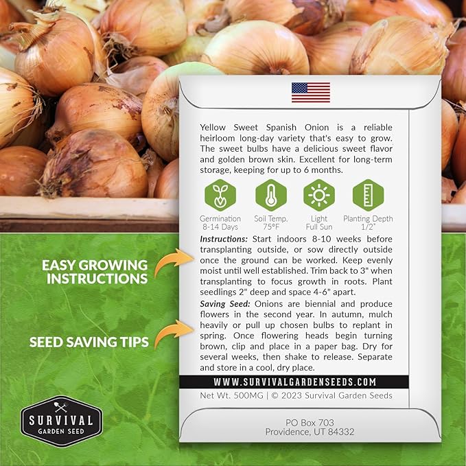 Yellow Sweet Spanish Onion Seed for Planting - 3 Packets with Instructions to Plant and Grow Long Day Onions in Your Home Vegetable Garden - Non-GMO Heirloom Variety - Survival Garden Seeds