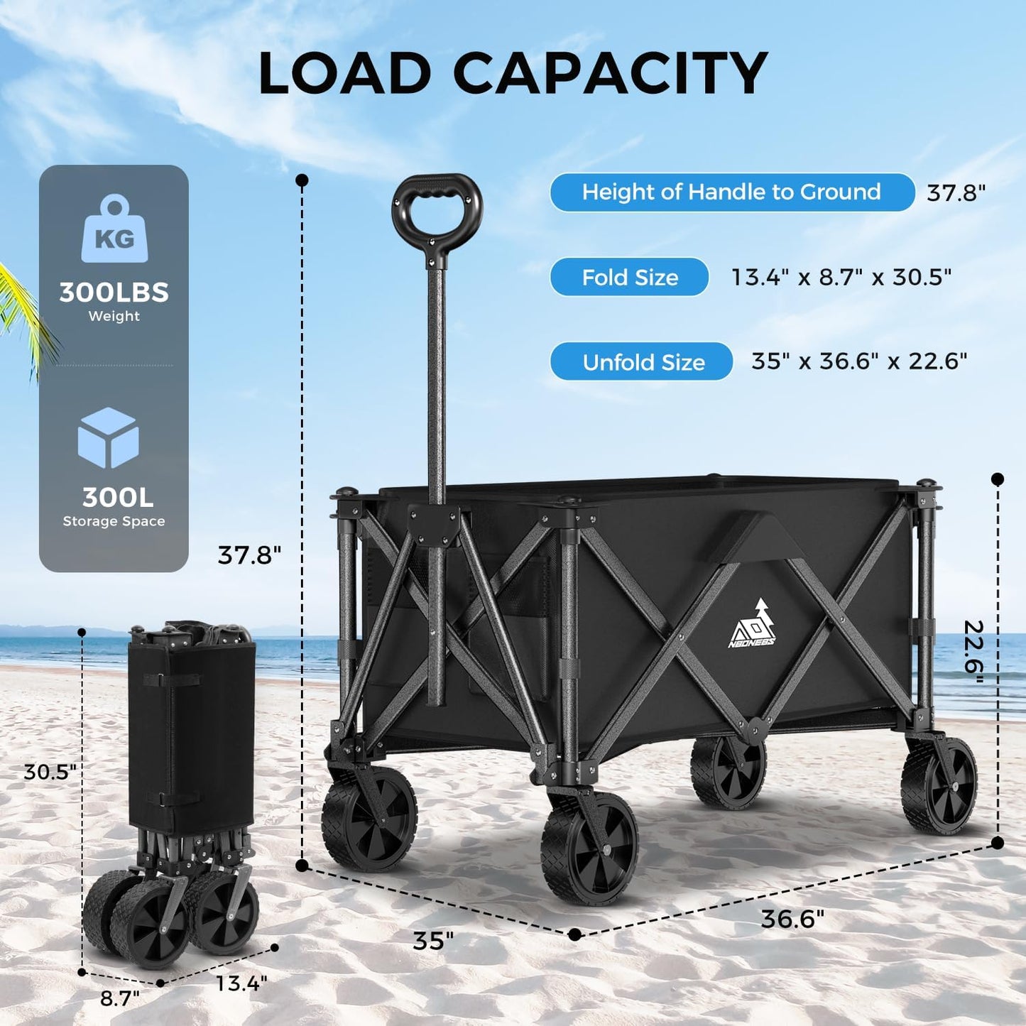 Collapsible Wagon Carts with Large Capacity, Foldable Grocery Cart with Side Pockets for Outdoor,Utility Beach Wagons Heavy Duty,300lb Load-Bearing for Camping, Garden, Sports, Shopping-Black