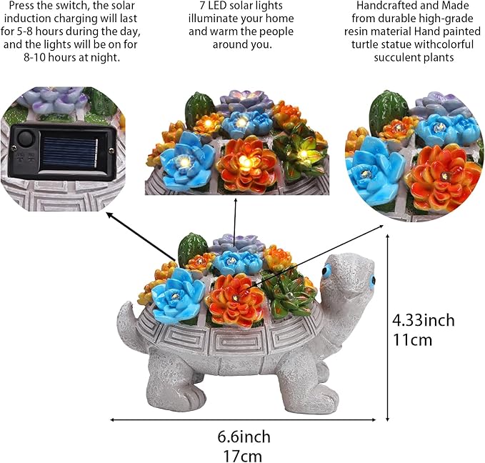 Solar Garden Turtle Statues 7 LED Lights Outdoor Decor Turtle with Succulent Resin Sculpture Patio Porch Balcony Yard Lawn Art Decor Birthday Gifts for Women Mom Grandma Housewarming Gifts