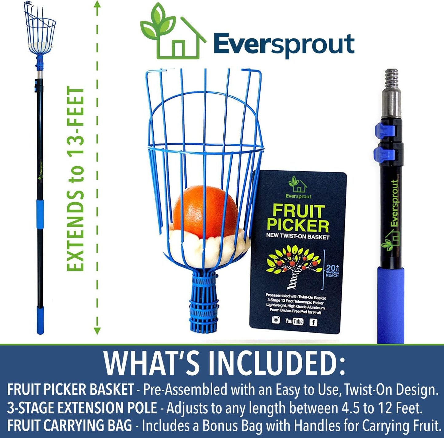 EVERSPROUT 4.5-to-12ft Durable Fruit Picker with 20+ Foot Reach – Telescoping Fruit Picker Pole, Lightweight Twist-On Fruit Picking Tool with Basket, Aluminium Extension Pole for Tree Fruit Harvesting