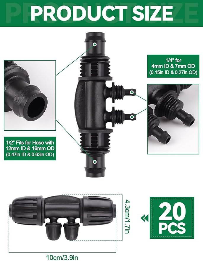 20PCS Locked Barbed Tee Connectors, Kalolary 1/2 Inch to 1/4 Inch Drip Irrigation Fittings Kit 12/16mm to 4/7mm Tube Lock Female Connector 4-Way Barbed Lock Irrigation Parts for Garden Watering System