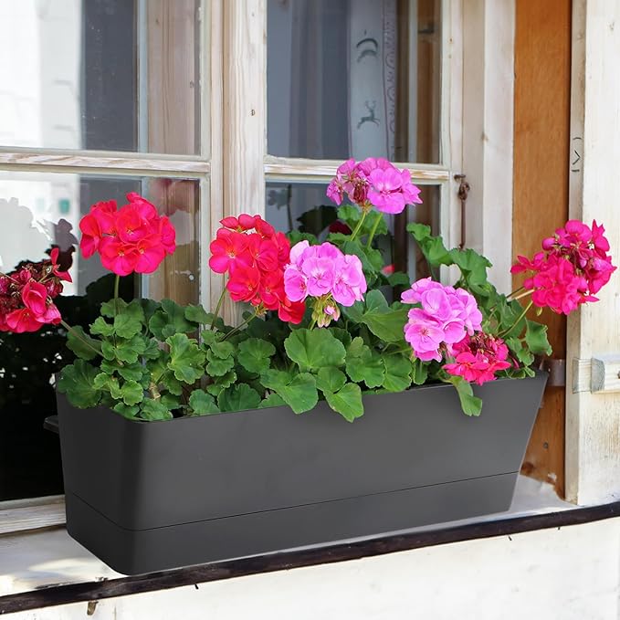 GREANER Rectangle Window Boxes, 6PCS 16x3.8 Inch Black Herb Planters with RemovableTray and Drainage Hole, Succulent Flowers Plastic Pot for Balcony, Office, Windowsill, Garden, Outdoor Decoration Use