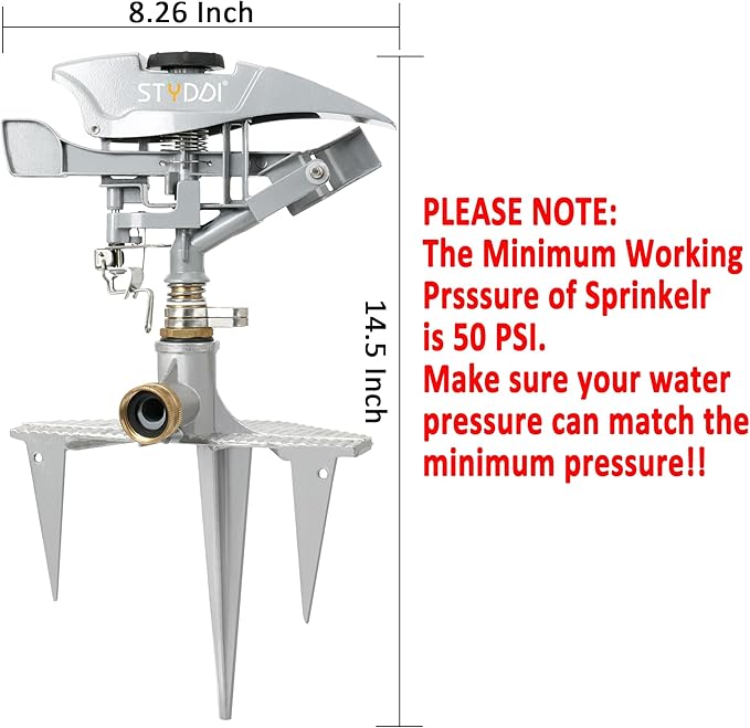 STYDDI Professional Heavy Duty Pulsating Sprinkler on Metal 3-Pronged Step Spike, Metal Pro Adjustable Circular Sprinkler for Large to Extra Large Yard, Areas, Lawn, Coverage up to 8500 Sq.FT