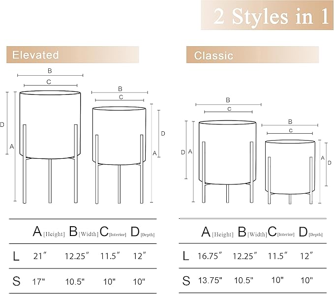 ARNIS Plants Pots with Stand, Set of 2 Planters, Unique Mid Century Decorative Metal Flower Pots with Drainage, 10.5 & 12.25 Inch, White and Gold