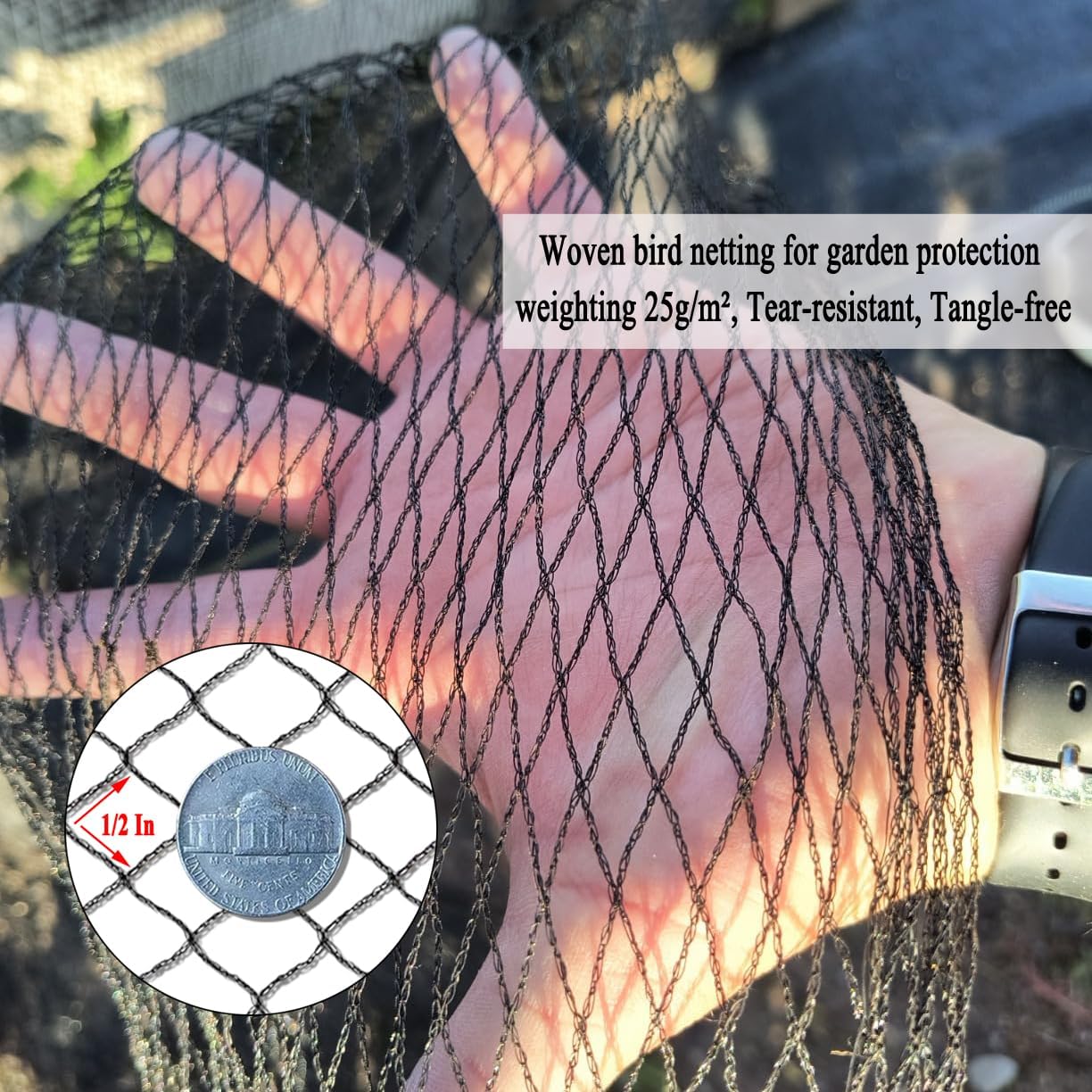 Junflying Bird Netting, 25x25 FT – 1/2" Mesh, Woven Black Netting for Garden Protection with Ties, Protects Vegetables, Fruit Trees, Blueberry Bushes & Strawberry Plants