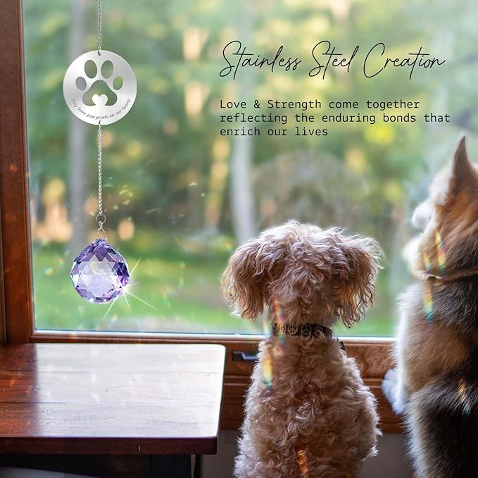 Dog Memorial Gifts, Unique Loss of Pet Sympathy Idea, Purple Crystal Ball Rainbow Suncatcher with Paw Print for Cat or Dog Remembrance and Bereavement