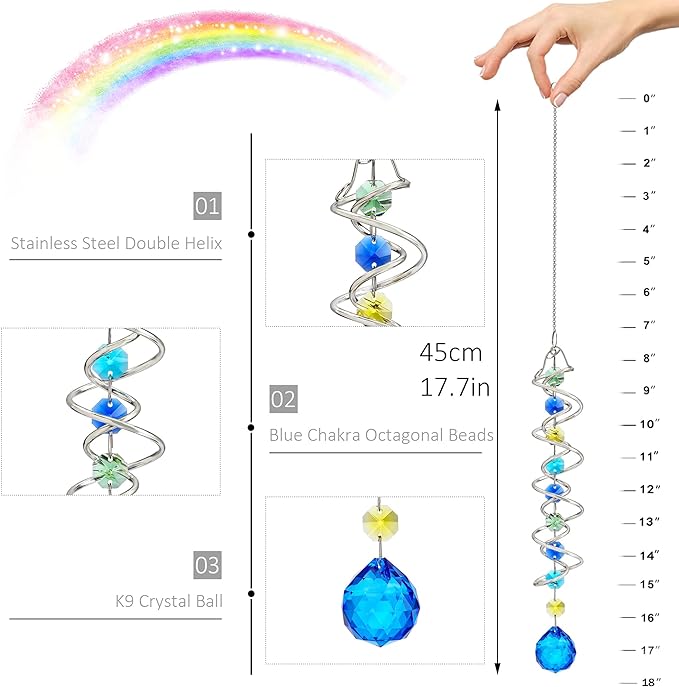 H&D HYALINE & DORA 17.7inch Gazing Ball Spiral Tail,Decorative Wind Spinner Sun Catcher,Rainbow Maker Double-Spiral W/Sea Blue Crystal Ball and Chain,Glass Crystals for Indoor Outdoor Decoration