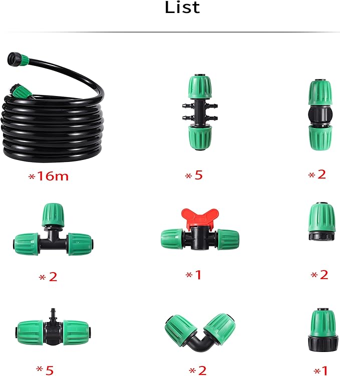 1/2” PVC Garden Irrigation Tubing Hose 52FT(16M),（OD:16mm,ID:12mm） with Lock Connector for Drip Irrigation System