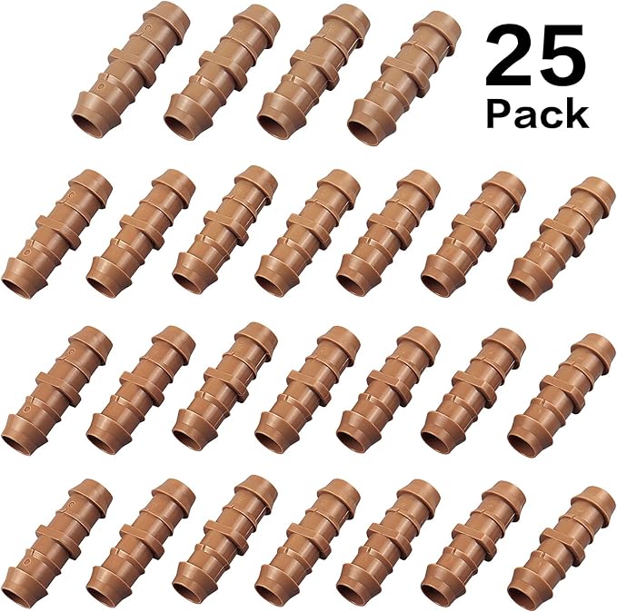 JAYEE 25 Pack Drip Irrigation Barbed Coupling Fittings (17mm) for 1/2" Drip Hose(0.600”ID), Sprinkler Tubing Connector for Drip System