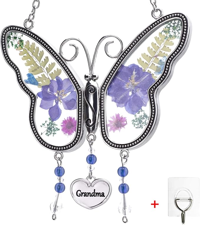 Laraine Butterfly Suncatcher with Pressed Flower Wings Mom Mother's Day Butterfly Glass Wind Chime Ornament Charm with Metal Heart Gifts for Mom Grandma Birthday (Purple Grandma (with Free Hook)