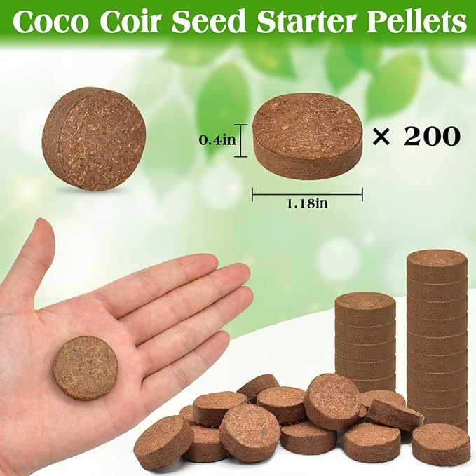 ZeeDix 200pcs(30mm) Coco Coir Pellets Potting Soil Indoor Plants, Compressed Coconut Coir Soil Pellets Seed Starting Pellets Soil Discs for Planting Flowers Bonsai Herbs Plants and Vegetables