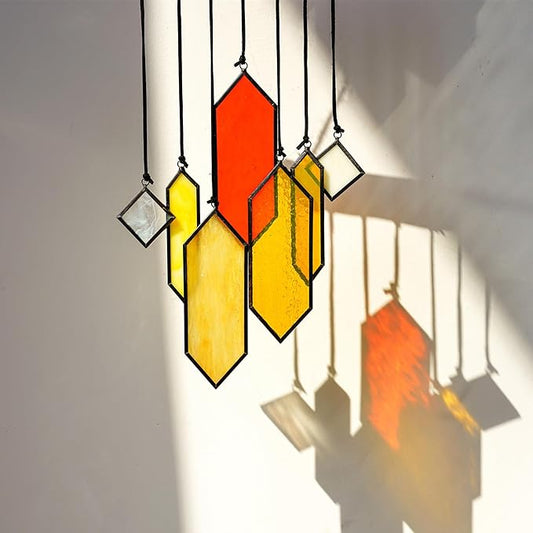 HDCRYSTALGIFTS 7pieces Stained Glass Window Hanging Suncatchers Handcrafted Modern Sunset Glow Design Stained Glass Wall Art Sun Catcher for Home Garden Decoration Reconfigurable