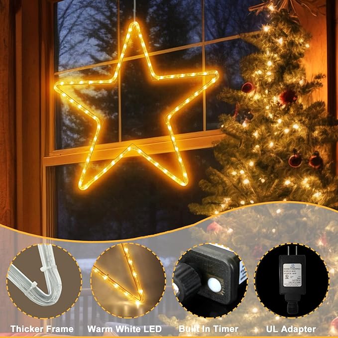 DBFAIRY 19.68" Star Outdoor Christmas Lights, 40 LEDs Christmas Light Up Star with Timer, Hanging Big Star Window Lights Mains Powered for Christmas New Year Holiday Wedding Party Decor, Warm White