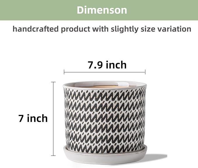 8 Inch Plant Pot: Ceramic Planter with Drainage Hole & Saucer for Indoor Outdoor Plants - Flowerpot with Bonded Tray for Home Office - Wave Stripe Debossed