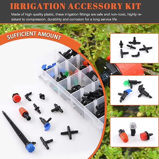 Tanstic 240Pcs Barbed Connectors Drip Irrigation Fittings Kit, Including Single Barbs, Straight Barbs, Tees, Switch Valve, Elbows, End Plug, Hose Stakes, 4-Way Coupling for Sprinkler Drip Systems