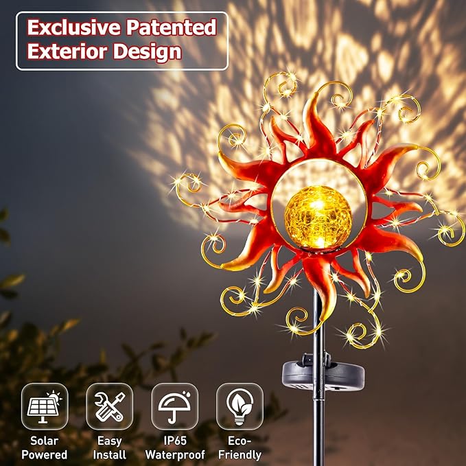 Solar Lights Outdoor Waterproof Red Sun Metal Crackle Glass Stake Decorative for Outside,Yard,Lawn,Patio,Walkway Mothers'Day Gifts Mom Grandma Garden Lover