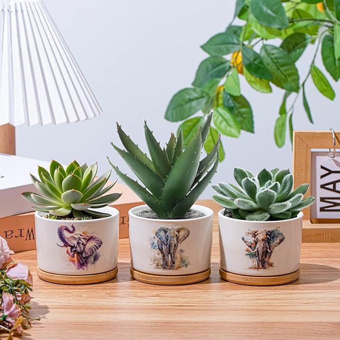 3 Pcs Elephant Decor Gift for Christmas Women Planter Ceramic Gift Animal Plant Pot with Bamboo Tray for Office Home Farm House Bathroom Kitchen Decorations (No Plants Included)