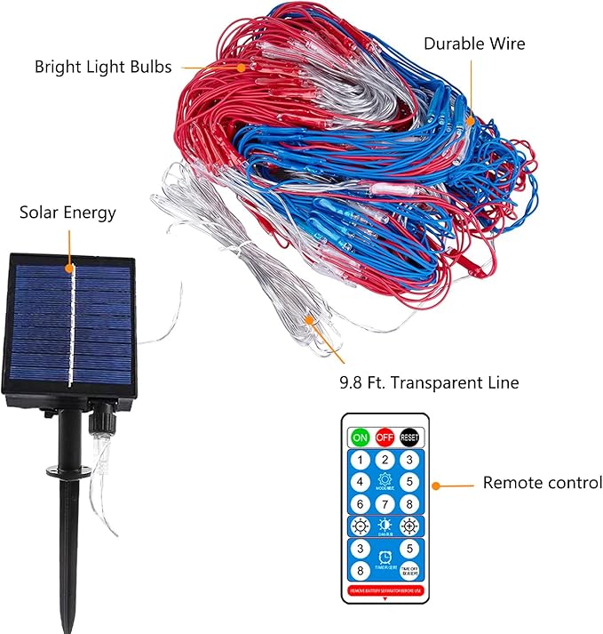 Solar American Flag String Lights - Waterproof 420 Led Solar Powered Flag Net Light for 4th of July Memorial Day Decorations Yard Garden Christmas Festival Holiday Patriotic Party Decoration Outdoor
