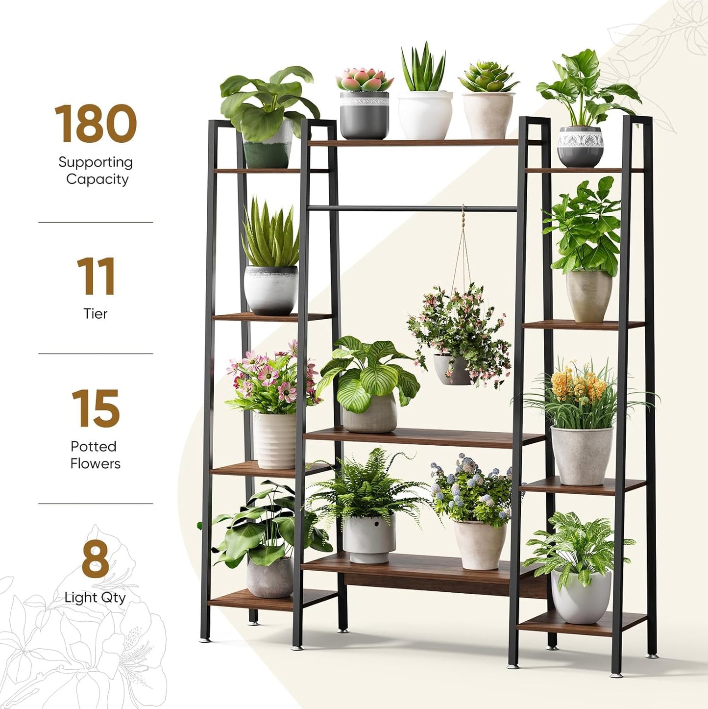 55" Large Plant Stand Indoor with 8 LED Grow Lights (3 Modes & Auto Timer) - 12 Tiered Metal Plant Shelf, 10 Dimmable Brightness Levels, Flower Stand Display Rack for Patio Balcony Garden